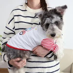 Pet spring summer vest detail showing cute cartoon print and comfortable striped sleeves design.