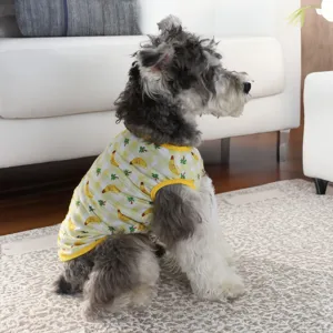 Vue rapprochée détaillée d'un gilet pour petit chien avec imprimé banane tropicale.