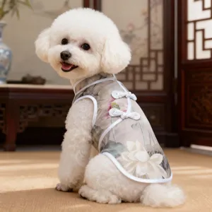 Cute pet dog summer cheongsam dress with lotus print and Chinese frog buttons for small dogs.
