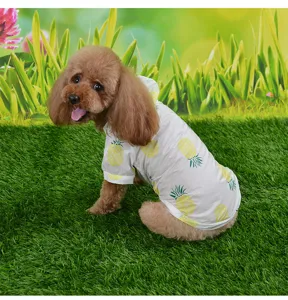Cute pineapple print pet sun protection shirt with hood, soft fabric for small dogs and cats.