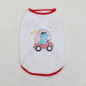 Pet spring summer dinosaur print vest detail, white and red sleeveless dog apparel item.