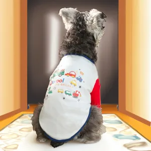 Detailed view of a cute pet summer vest with colorful cartoon car prints and breathable fabric.