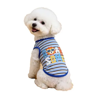 Cute striped pet vest for small dogs, summer breathable puppy tank top with cartoon lion design.