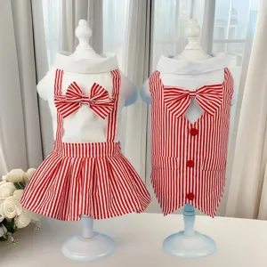 Cute red white stripe pet dog couple clothes dress suit spring summer small dog cat