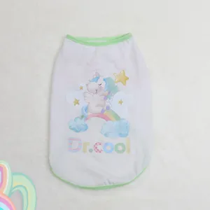 Cute pet dog vest with unicorn and rainbow print, breathable summer sleeveless shirt for small dogs.