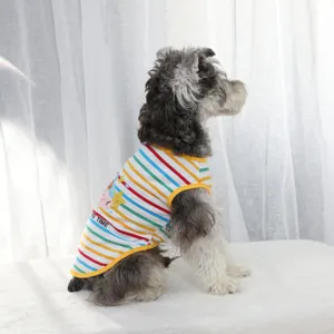 Cute cartoon striped pet vest, round neck sleeveless summer dog clothes for small pets detail view.