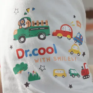 Cute cartoon car print pet vest detail, breathable fabric for spring and summer wear.