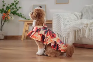Cute tropical pet dress with sunset print, breathable summer beach clothing for dogs detail.