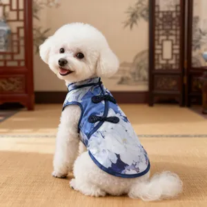 Cute blue floral pet cheongsam summer dress for small dogs like poodles and pomeranians stylish.