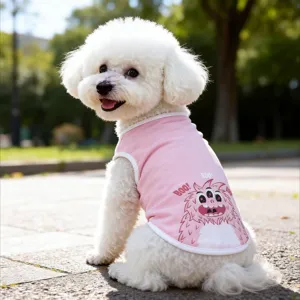 Cute pink summer dog vest with funny monster print, breathable pet clothes for small dogs.