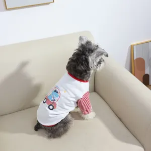 Cute pet spring summer vest with cartoon dinosaur print, comfortable dog clothes for daily wear.