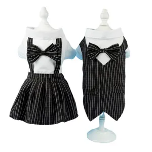 Cute pet dog couple outfit set, striped dress and suit vest with bow, spring summer clothes.