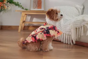 Cute pet Hawaiian style floral print cape dress, lightweight breathable summer beach clothes.