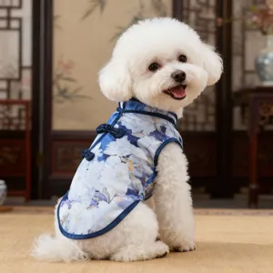 Detailed view of summer pet dog cheongsam dress, cute floral Chinese style costume.
