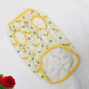 Vue détaillée du gilet pour animal de compagnie à carreaux jaunes avec motif de bananiers.
