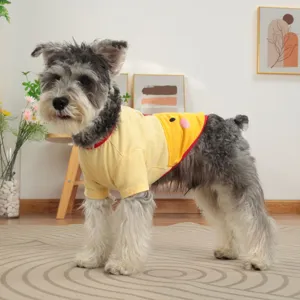 Cute pet cartoon t-shirt for dogs and cats, comfortable yellow short sleeve summer pet apparel.