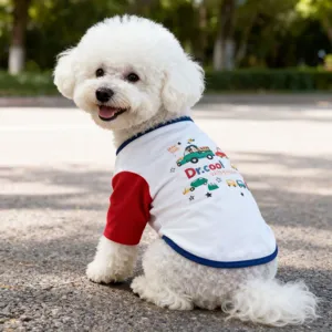 Cute pet t-shirt for spring and summer with cartoon car prints and contrast sleeves for dogs.