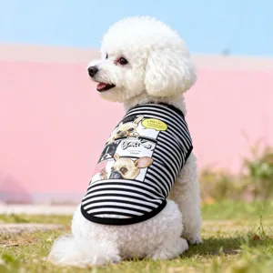 Breathable striped dog vest for small pets, cute French bulldog print, summer pet apparel.