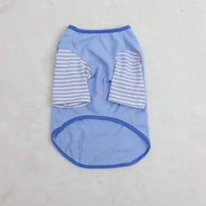 Blue and white striped pet t-shirt detail view, soft fabric, comfortable round neck design.
