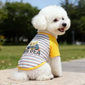 Summer breathable striped pet t-shirt with cute bear print for small dogs, side back view.