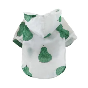 Cute dog sun protection hooded shirt with green pear print for summer pet outdoor wear.