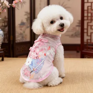 Cute pet dog summer cheongsam dress with cherry blossom bunny print for small dogs.