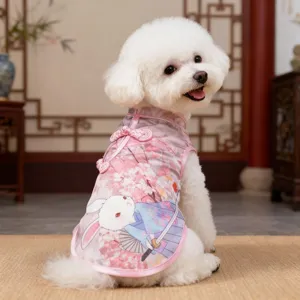 Pet cheongsam dress detail view, lovely floral and rabbit pattern for small dogs summer.