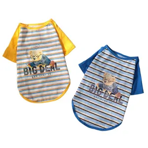 Summer breathable striped pet t-shirt for small dogs puppies, cute bear print pullover apparel.