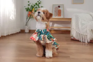 Cute dog wearing tropical print pet cape dress, breathable summer beach pet clothing detail.