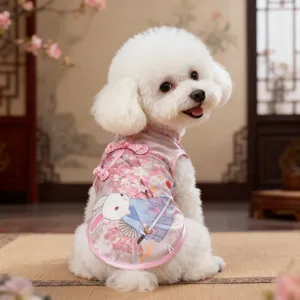 Cute pink pet cheongsam dress for small dogs, cherry blossom and rabbit print summer wear.