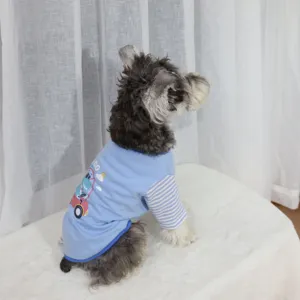 Cute summer pet vest with cartoon dinosaur print and striped sleeves, breathable dog clothes
