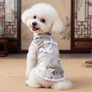 Chic Chinese style summer pet cheongsam dress detail for small dogs and cute puppies apparel.