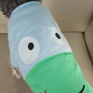 Close-up detail of the cute pet cartoon t-shirt with funny big eyes and green blue block design.