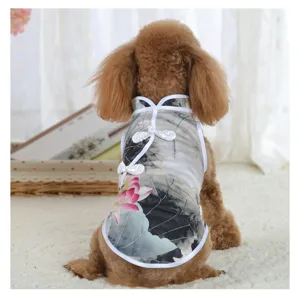 Cute summer pet cheongsam dress for small dogs with lotus print and frog buttons.