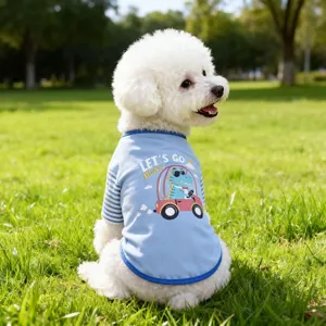 Cute summer pet vest for dogs cats featuring a fun cartoon dinosaur print in light blue design.