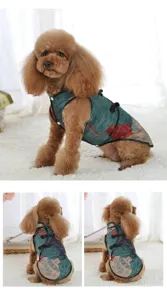 Detailed view of pet summer cheongsam dress with traditional buttons and vintage floral print.