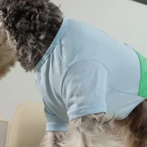 Pet summer spring short sleeve t-shirt for dogs, breathable light blue and green design detail.