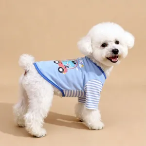 Cute pet dog vest summer blue striped puppy clothes with cartoon dinosaur print for small dogs