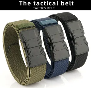 Close-up of three colors of braided tactical belts with magnetic quick-release buckles