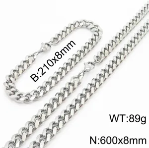 Detail de chaine gourmette en acier inoxydable, montrant bracelet, collier, dimensions et poids.