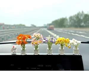 Cute car dashboard ornament set, small artificial flower potted plants and lovely rabbit decor.