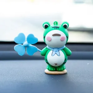 Cute green frog car interior ornament with blue windmill, lovely dashboard decoration for car and bike