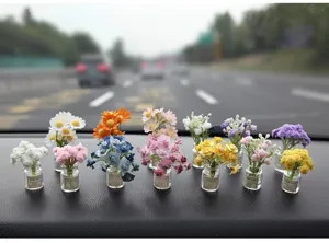 Mini artificial flower pots set for car dashboard interior decoration with cute colorful flowers.