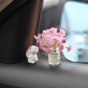 Cute car ornament rabbit with pink flower vase dashboard interior decoration cute accessory