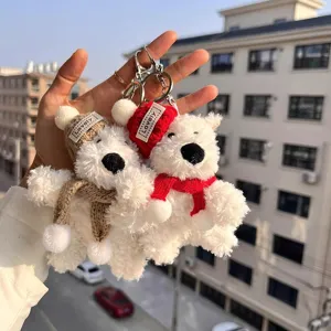 Fluffy white puppy plush keychain, cute knitted hat and scarf, bag charm pendant accessory.