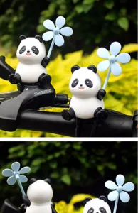 Cute panda bicycle bell with pinwheel accessory, creative handlebar decoration for bikes.
