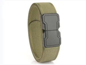 Close-up of military green tactical stretch belt with durable matte black buckle