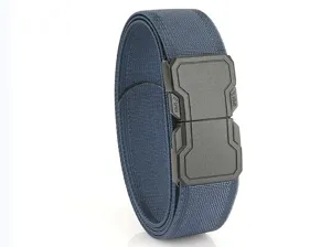 Close-up detail of navy blue elastic tactical woven belt with black quick-release buckle