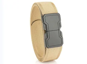 Close-up of khaki elastic tactical belt with black quick-release buckle detail