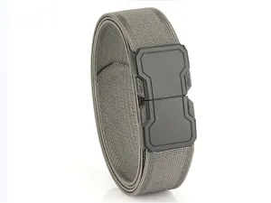Close-up view of a grey elastic braided tactical belt with a heavy-duty black alloy buckle.